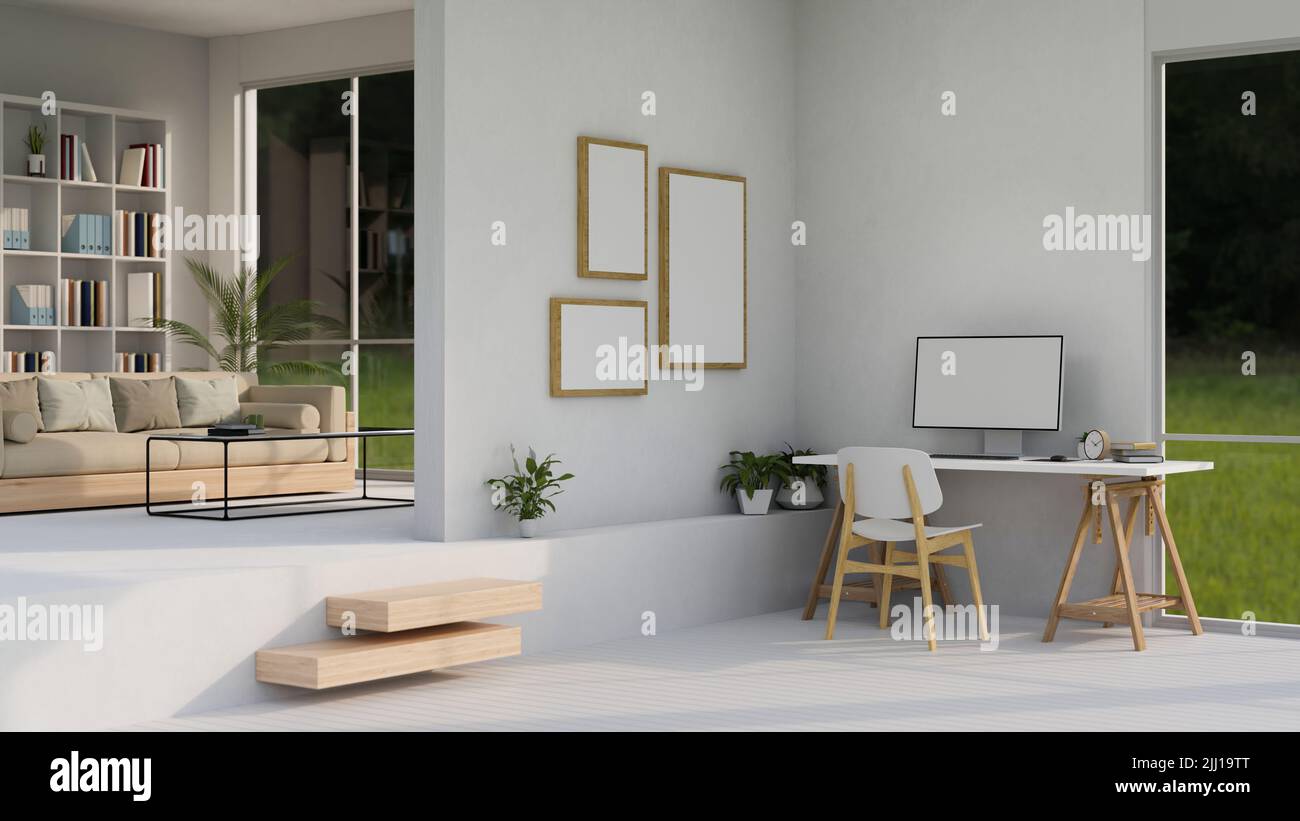 Modern minimal spacious home living room with working space interior ...
