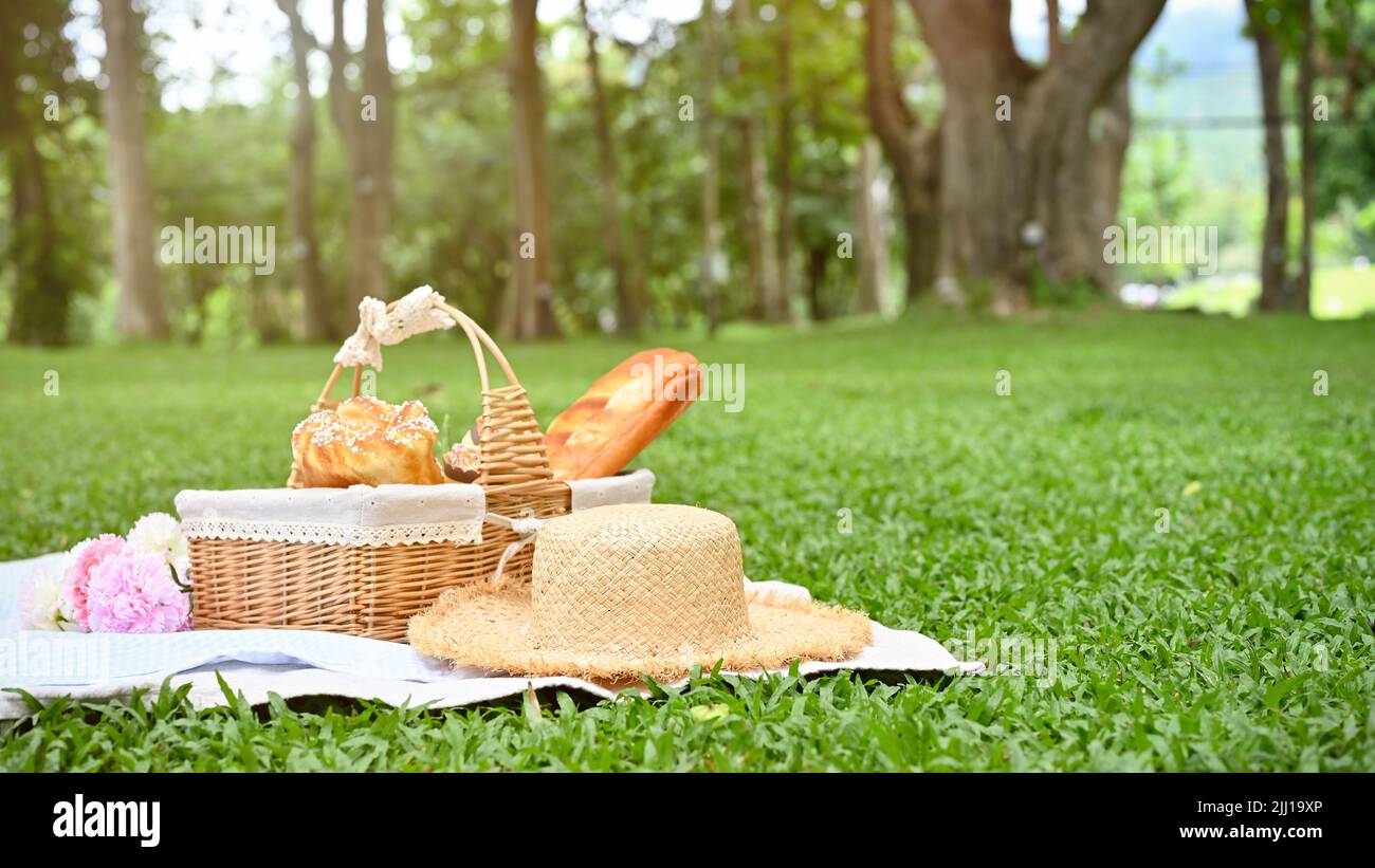 Summer picnic lunch in the beautiful green garden, picnic basket with ...