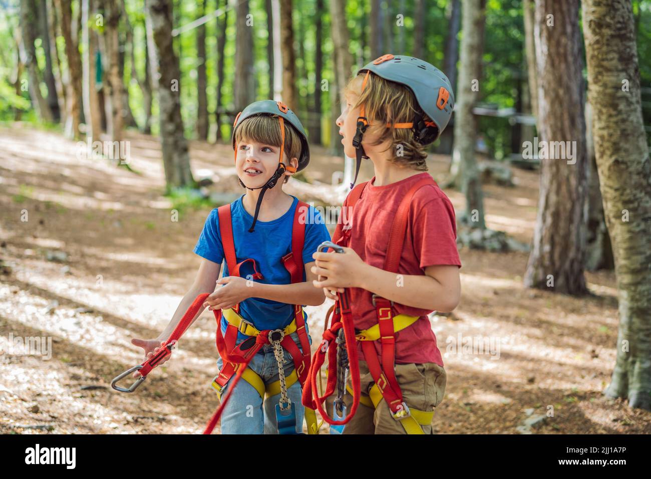 Friends on the ropes course. Young people in safety equipment are ...