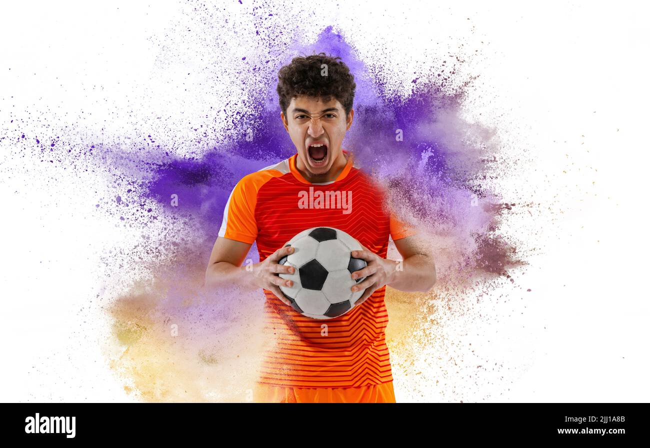 Creative sport collage with young man, professional soccer player