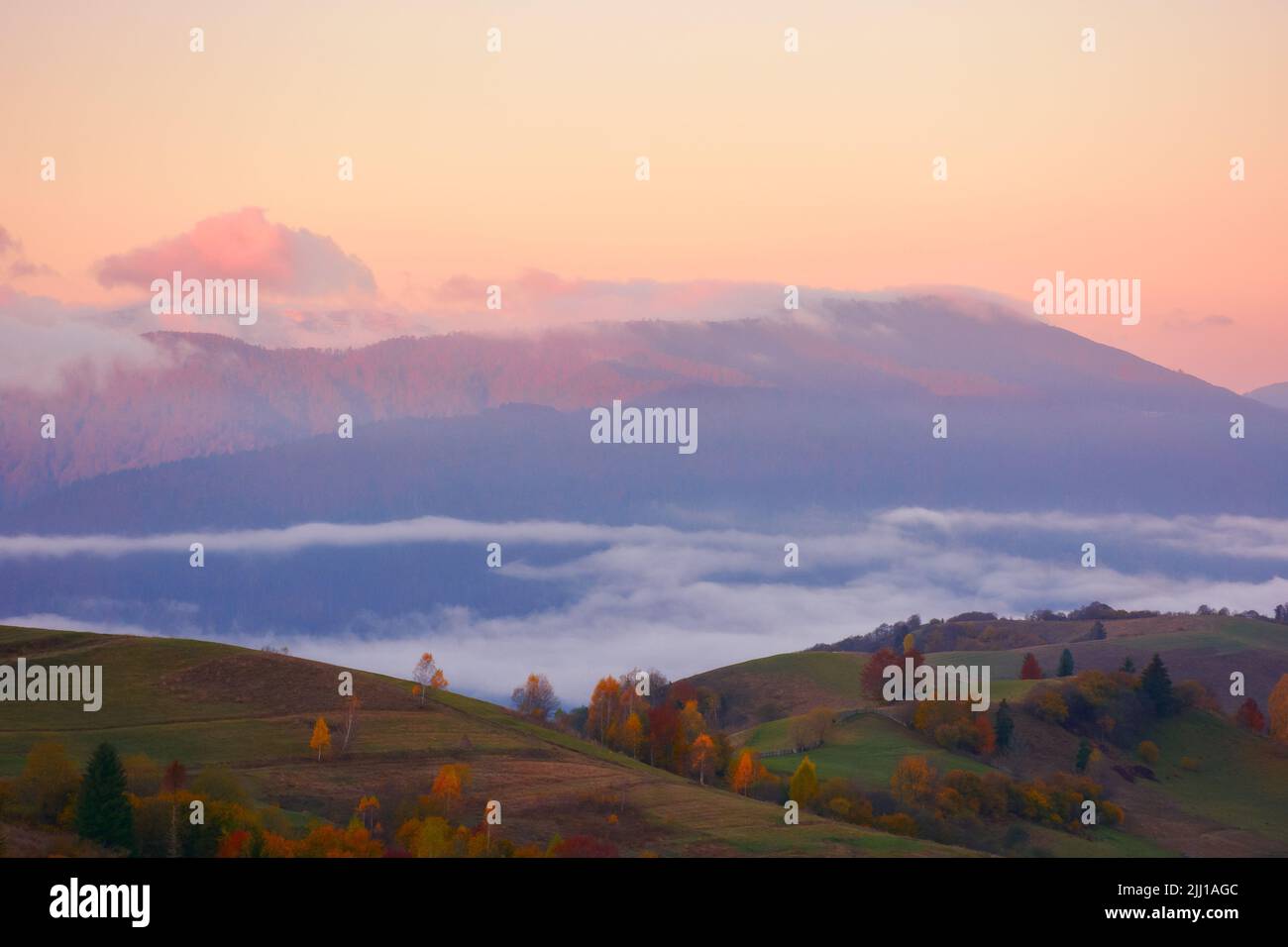 carpathian rural landscape at dawn. hills with trees in colorful foliage. fog in the distant valley. clouds and sky in red morning light Stock Photo
