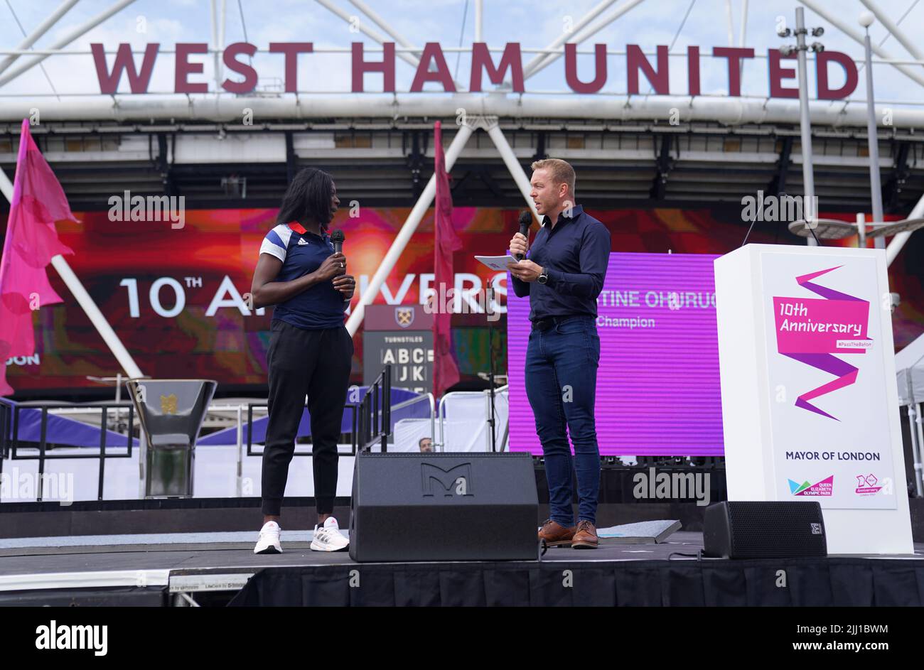 Olympic gold medallists Christine Ohuruogu and Sir Chris Hoy during the London 2012 Olympics 10th Anniversary Event held at Bridge One at the Queen Elizabeth Olympic Park, London. Wednesday July 27 will mark exactly 10 years since the opening ceremony of the 2012 London Olympics Games. Picture date: Friday July 22, 2022. Stock Photo