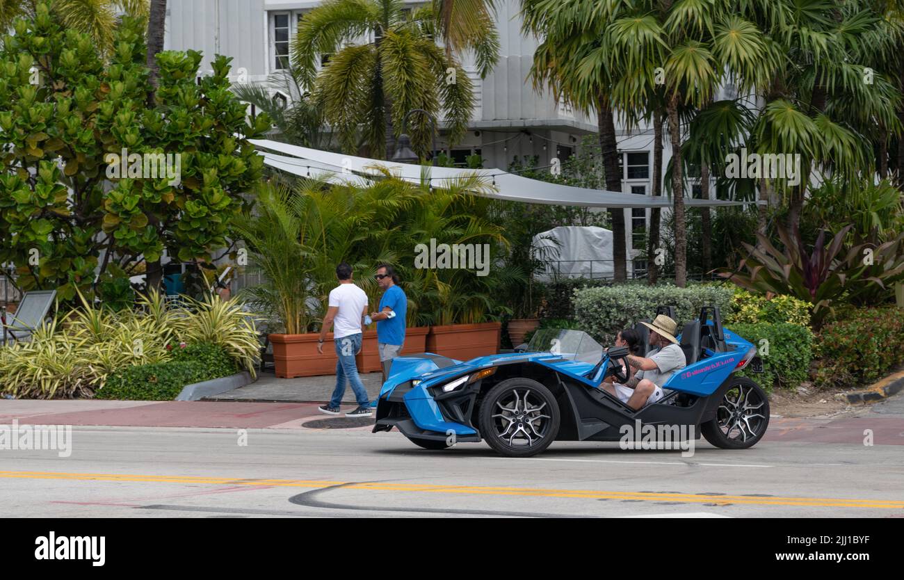 Miami Beach, Florida USA March 19, 2021 blue polaris slingshot in miami, side view Stock