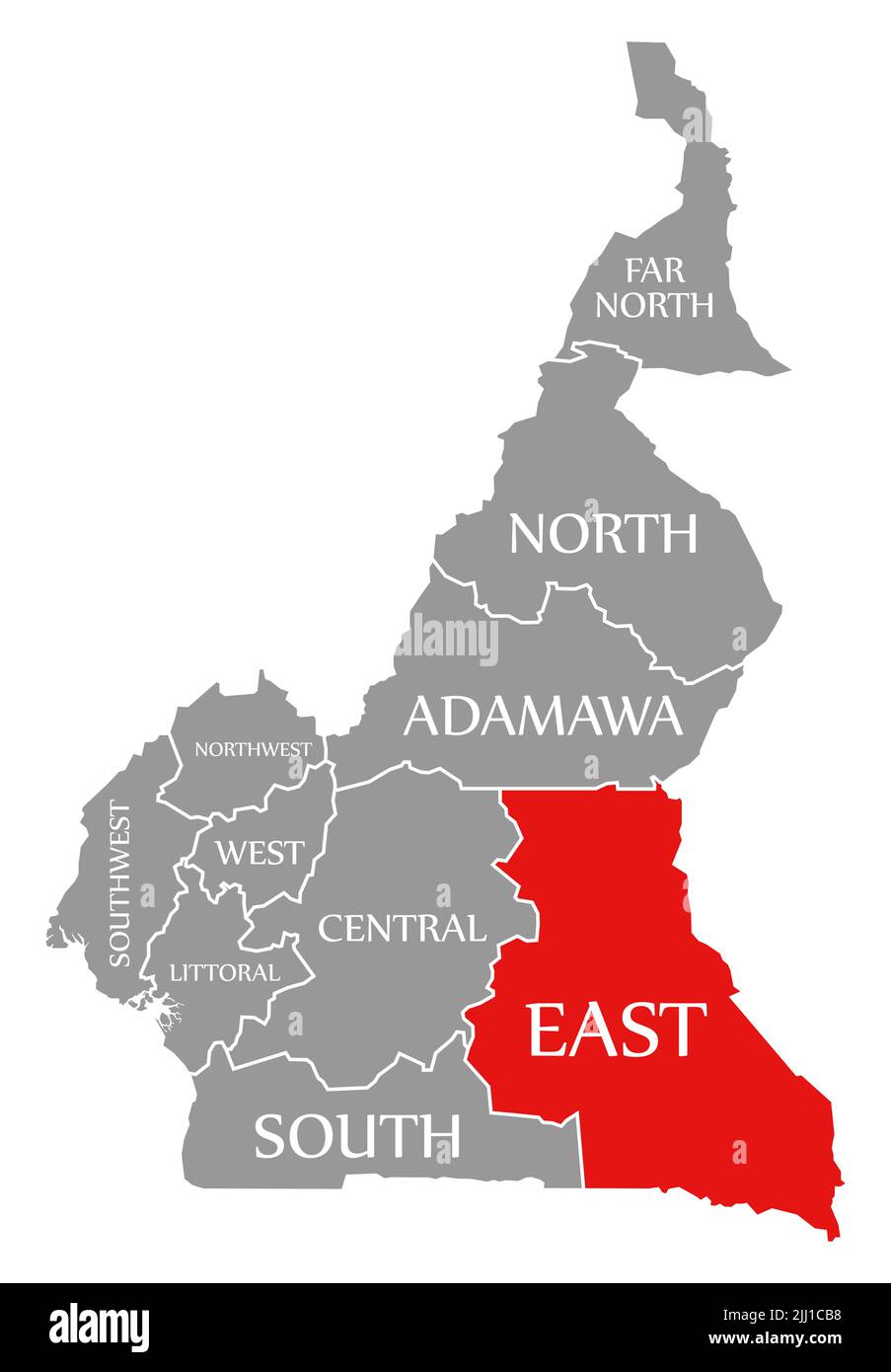 East region red highlighted in map of Cameroon Stock Photo