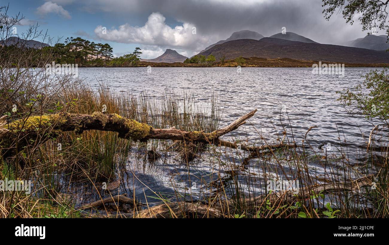 Looking across loch cùl dromannan towards the hills of Stac Pollaidh and Cul Mor with an approach rain shower Stock Photo