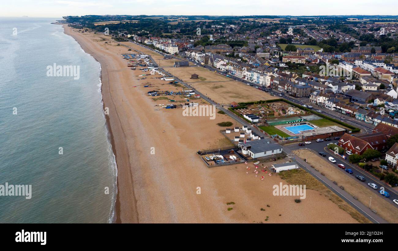 Aerial view of Walmer Beach at low tide looking West towards Kingsdown. Stock Photo