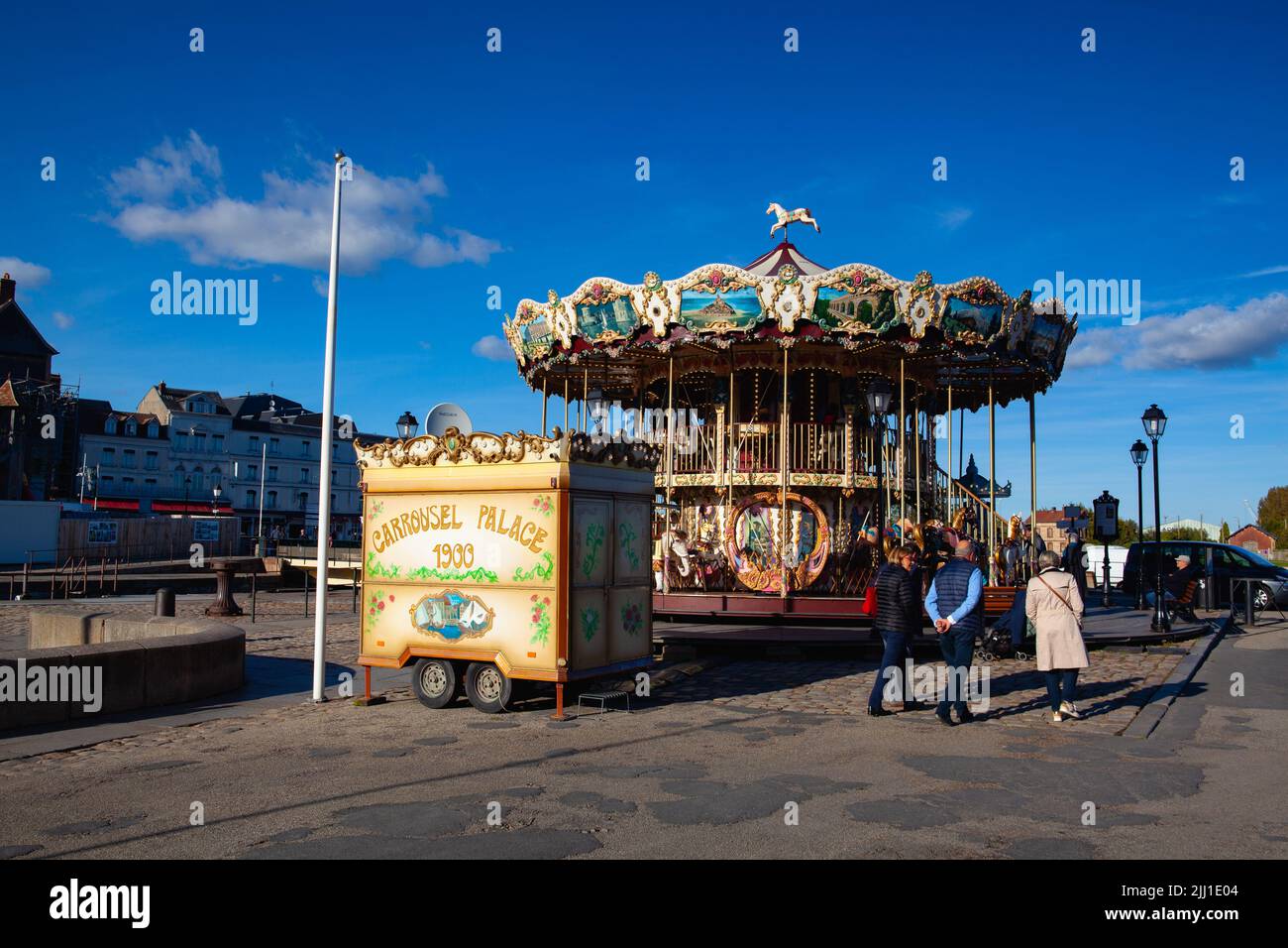 Honfleur, France-October 13,2021: Honfleur Vintage Carousel  near the harbour.There are in fact four very similar carousels in Angers, Bordeaux and Fo Stock Photo