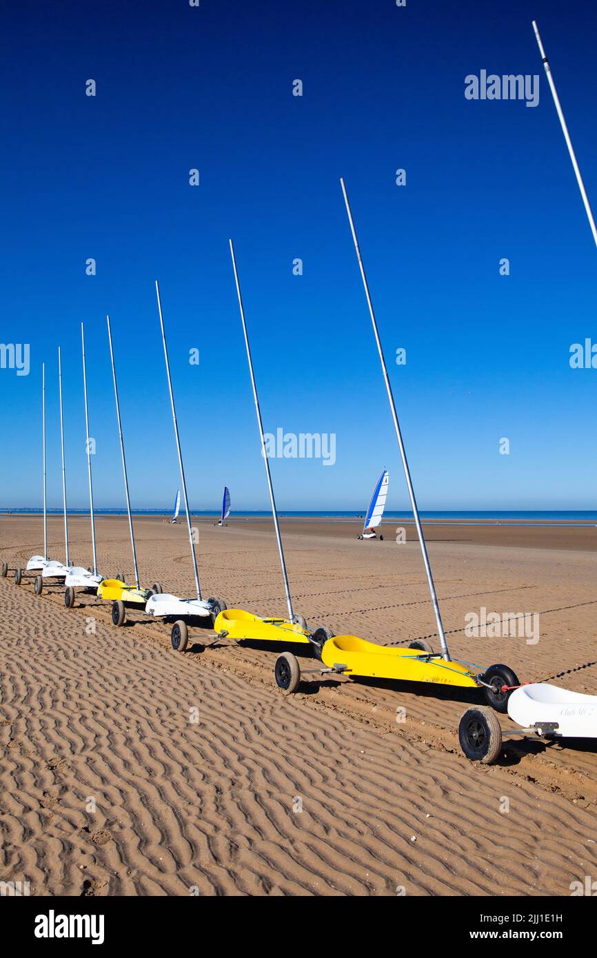 Cabourg, France - October 14,2021: Blokart wind buggy enjoying a windy day on the Cabourg beach Stock Photo
