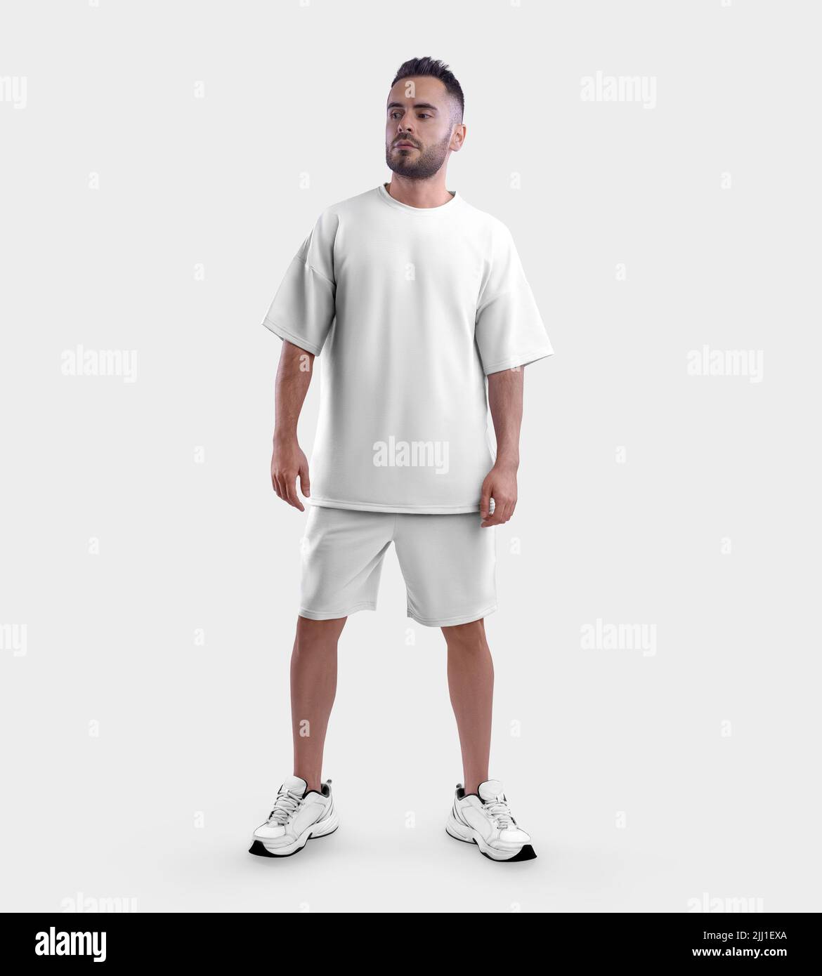 White suit mockup, oversized t-shirt, shorts on a guy in sneakers, front view, isolated on background. Fashion sportswear template, men's apparel for Stock Photo