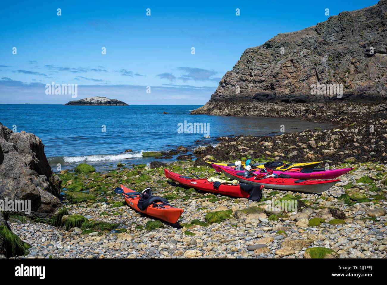 Ecotourist kayaks beached on the foreshore at Porth Llanlleiana, Anglesey, Wales Stock Photo