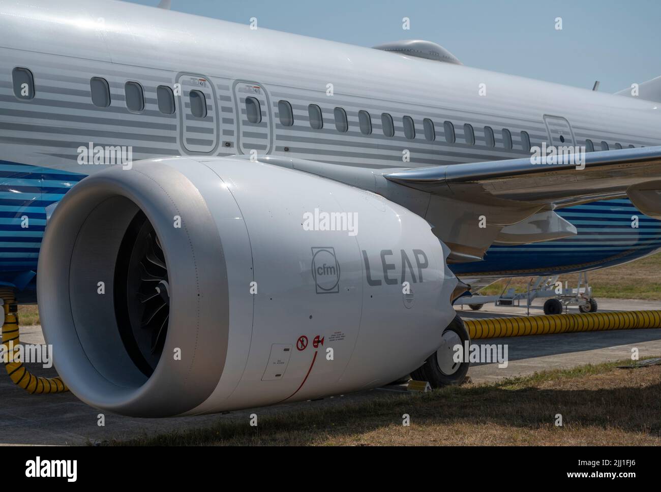 Farnborough International Airshow, 18 July 2022, Hampshire, England, UK. LEAP-1B turbofan engine pod of the new Boeing 737 MAX 10 at the Trade Airshow. Stock Photo