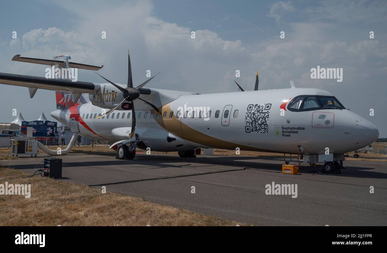 Farnborough International Airshow, 18 July 2022, Hampshire, England, UK. Pratt & Whitney PW127XT turboprop engines on an ATR72-600 short haul airliner at the Trade Airshow. Stock Photo