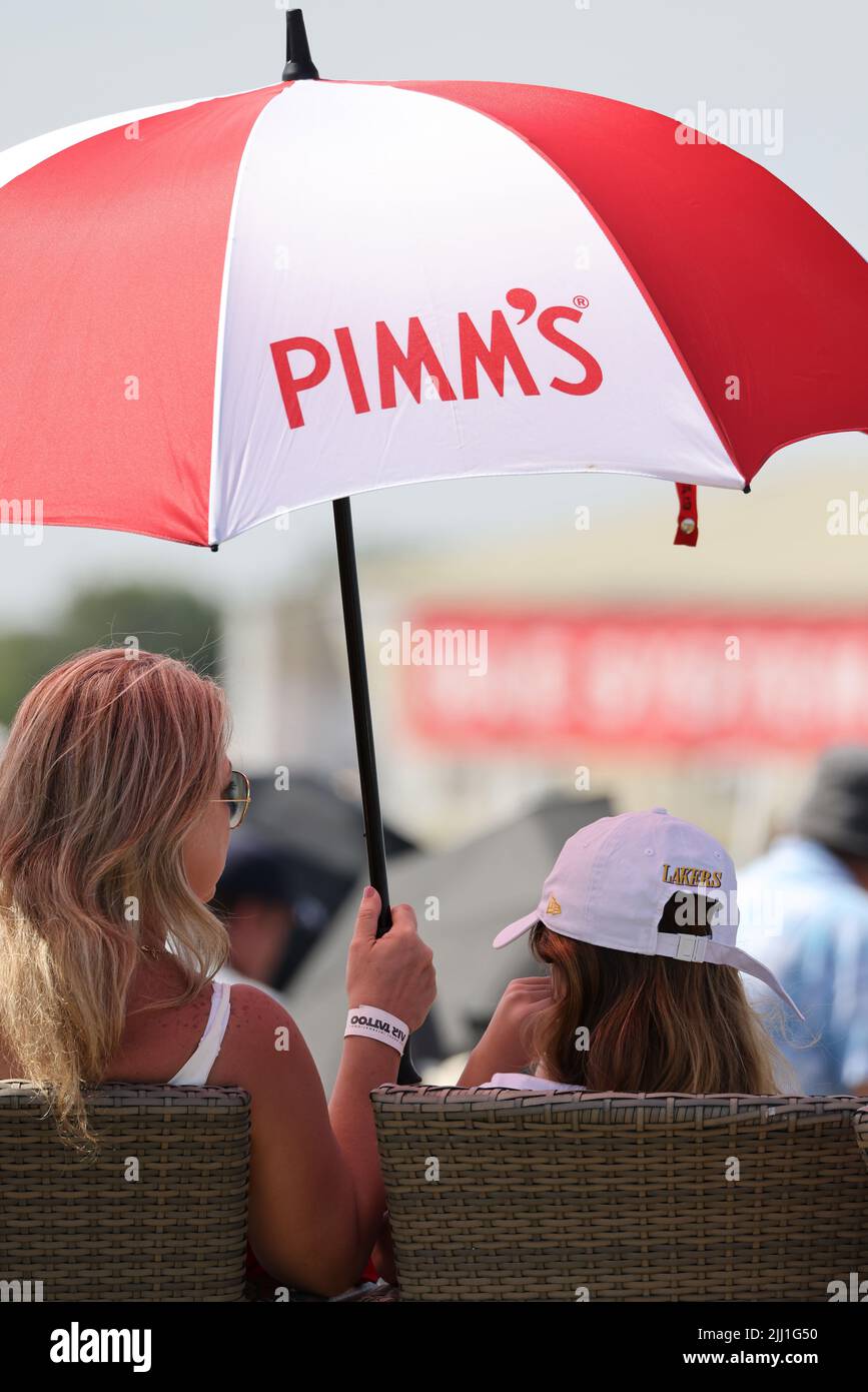 Pimm’s umbrella in use at the Royal International Air Tattoo, Fairford 2022 Stock Photo