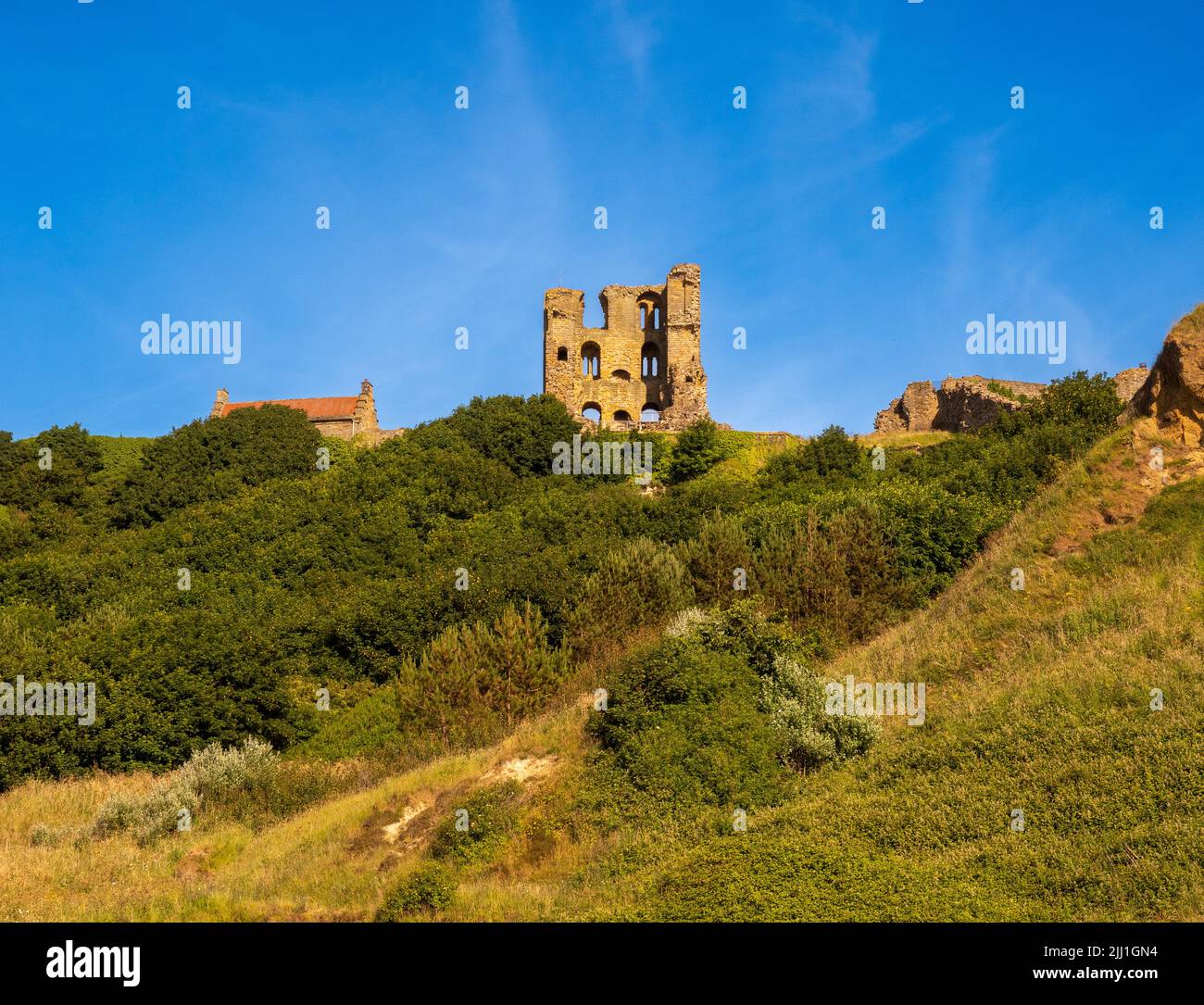 Scarborough Castle seen from North Bay in Scarborough, UK. Stock Photo