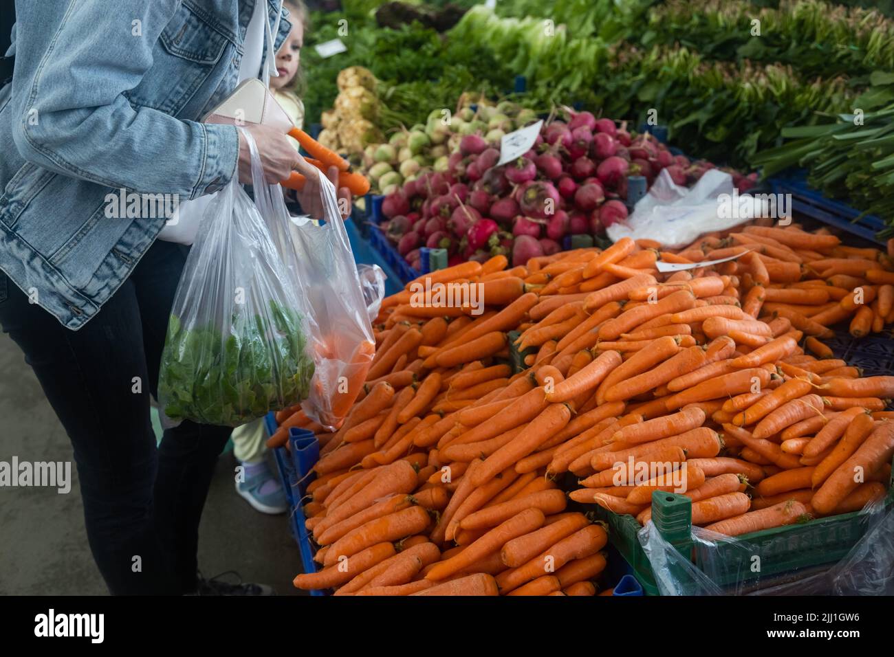 Buying fresh organic produce at the farmers' market. A woman chooses fresh herbs, vegetables and