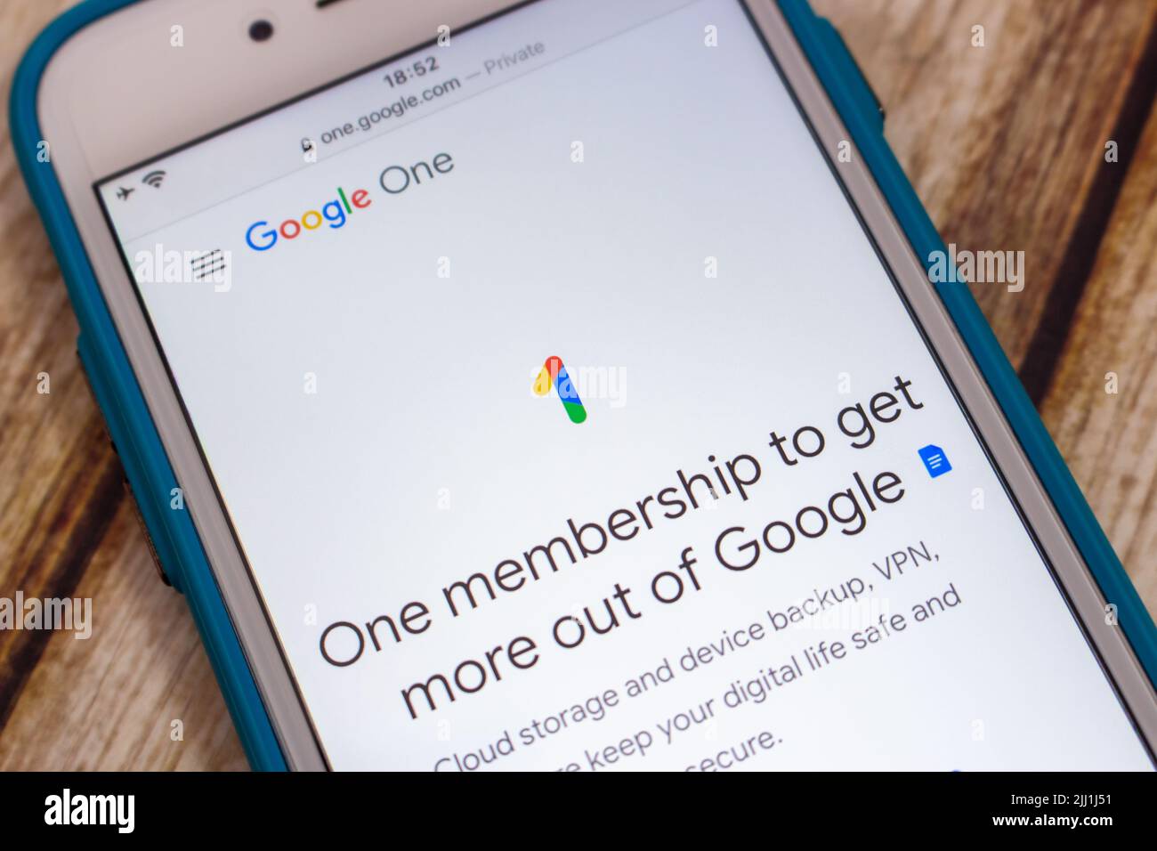 Kumamoto, JAPAN - Jun 9 2022 : The website of Google One, Google’s subscription service that offers expanded cloud storage and service, on an iPhone Stock Photo