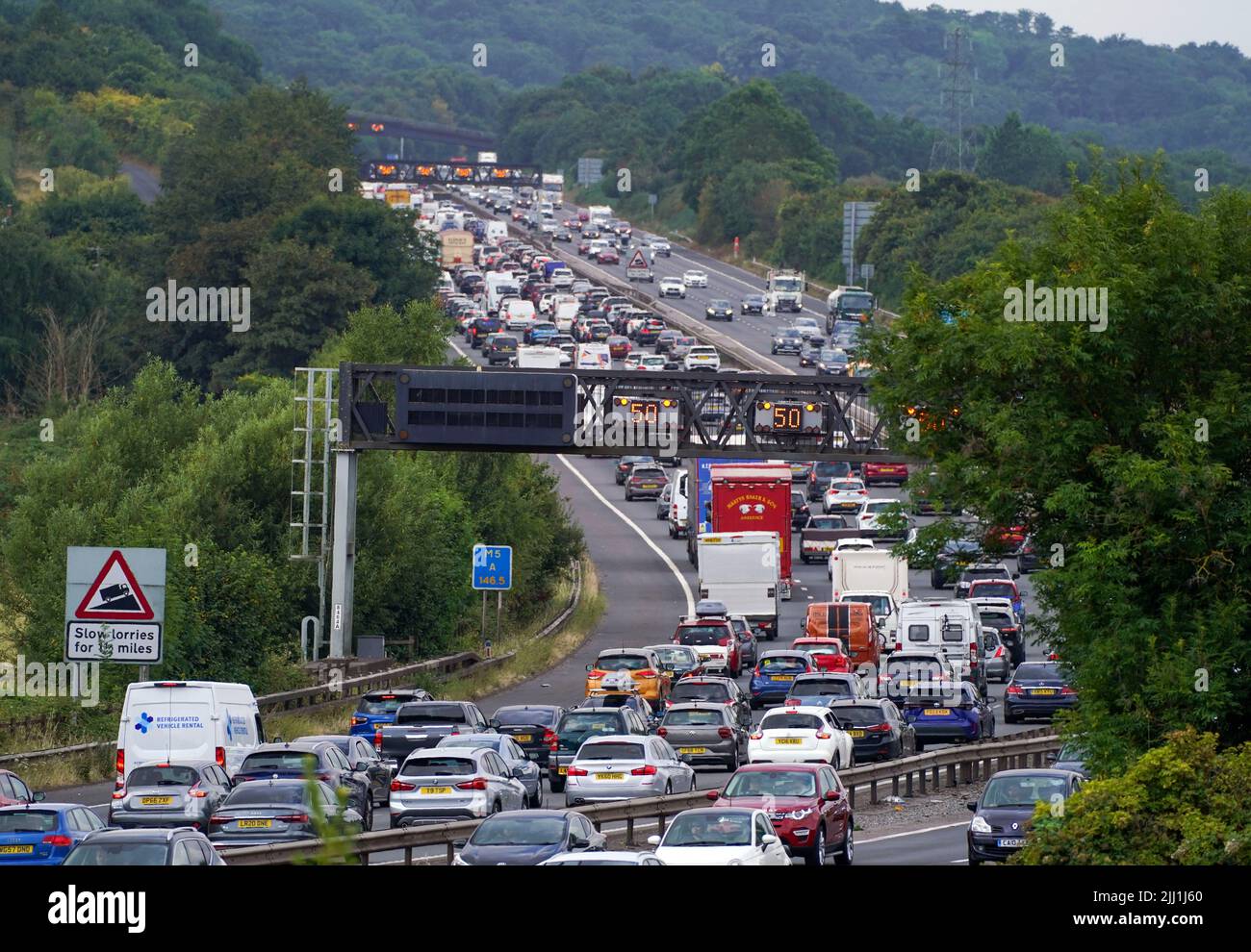 Vehicles queue on the M5 near Portbury, Bristol, as families embark on getaways at the start of summer holidays for many schools in England and Wales. Picture date: Friday July 22, 2022. Stock Photo