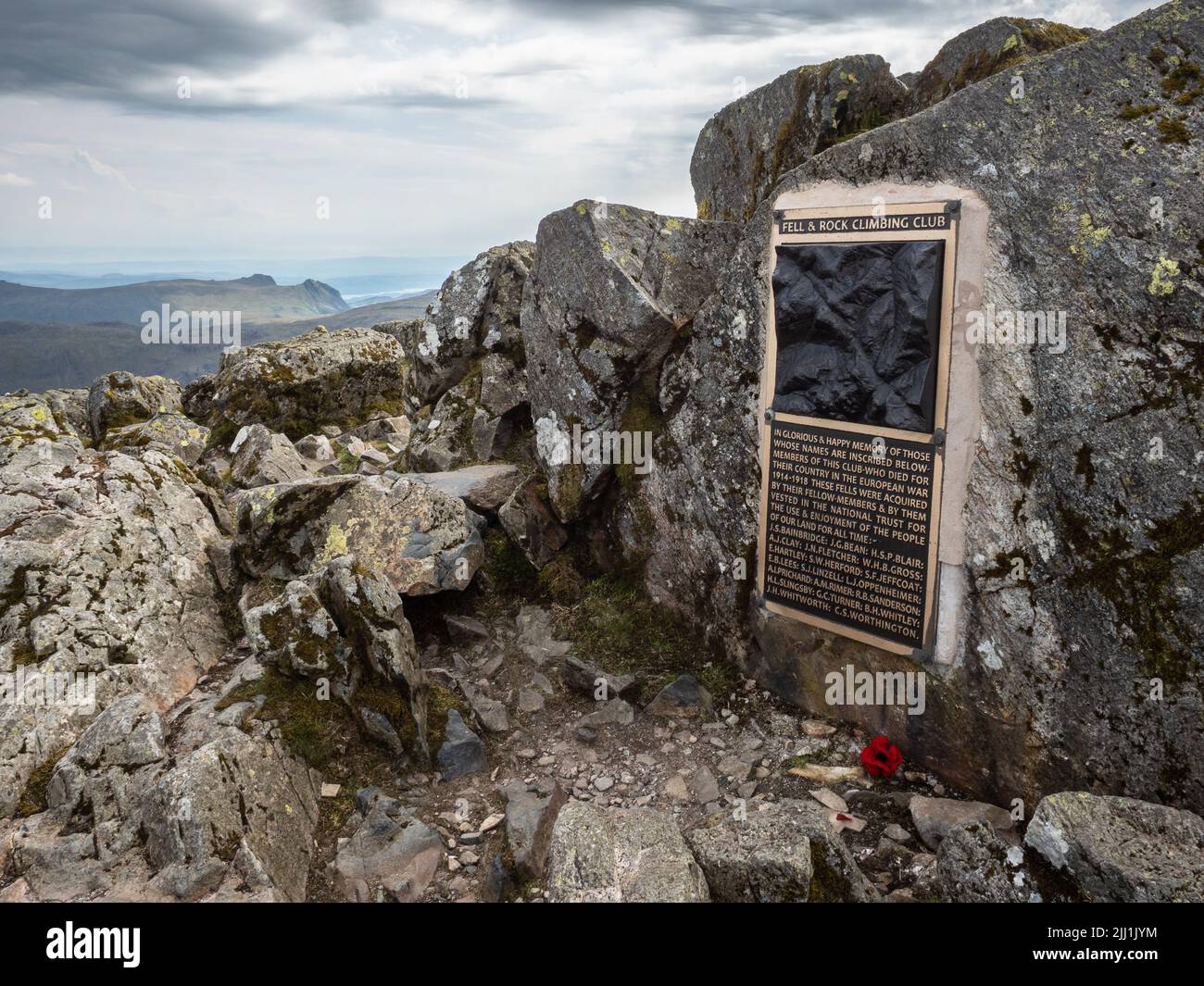 At the summit of Great Gable - a mountain in the Lake District, Cumbria, England - sits a memorial to members of the Fell and Rock Climbing Club who f Stock Photo