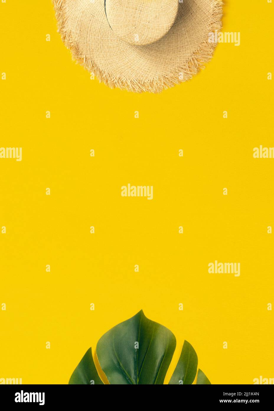 Tropical palm leaf and sun straw hat on yellow background with copy ...