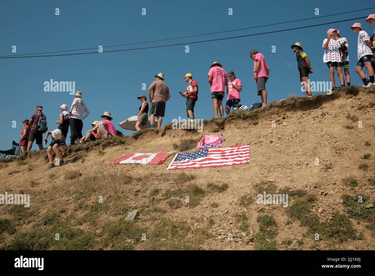 Canadian and American flags on the ground. Atmospheres and portraits taken during the 18th stage of the Tour de France, between Lourdes and Hautacam, in the Pyrenees. July 21, 2022. Photo by Patrick Batard/ABACAPRESS.COM Credit: Abaca Press/Alamy Live News Stock Photo