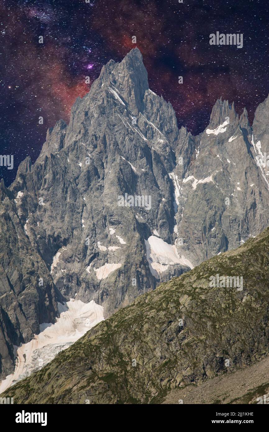 Night view of Mont blanc massif with starry sky Italy Stock Photo