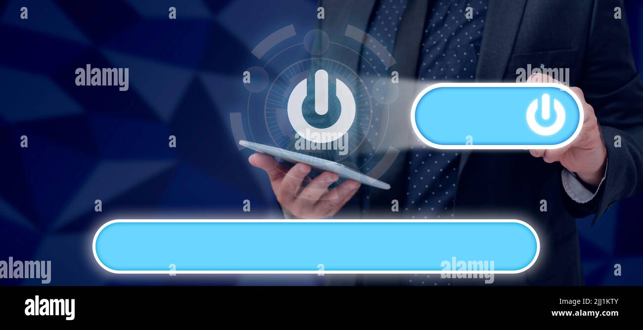 Male Manager Holding Tablet And Pen Pointing Digital Power Button ...