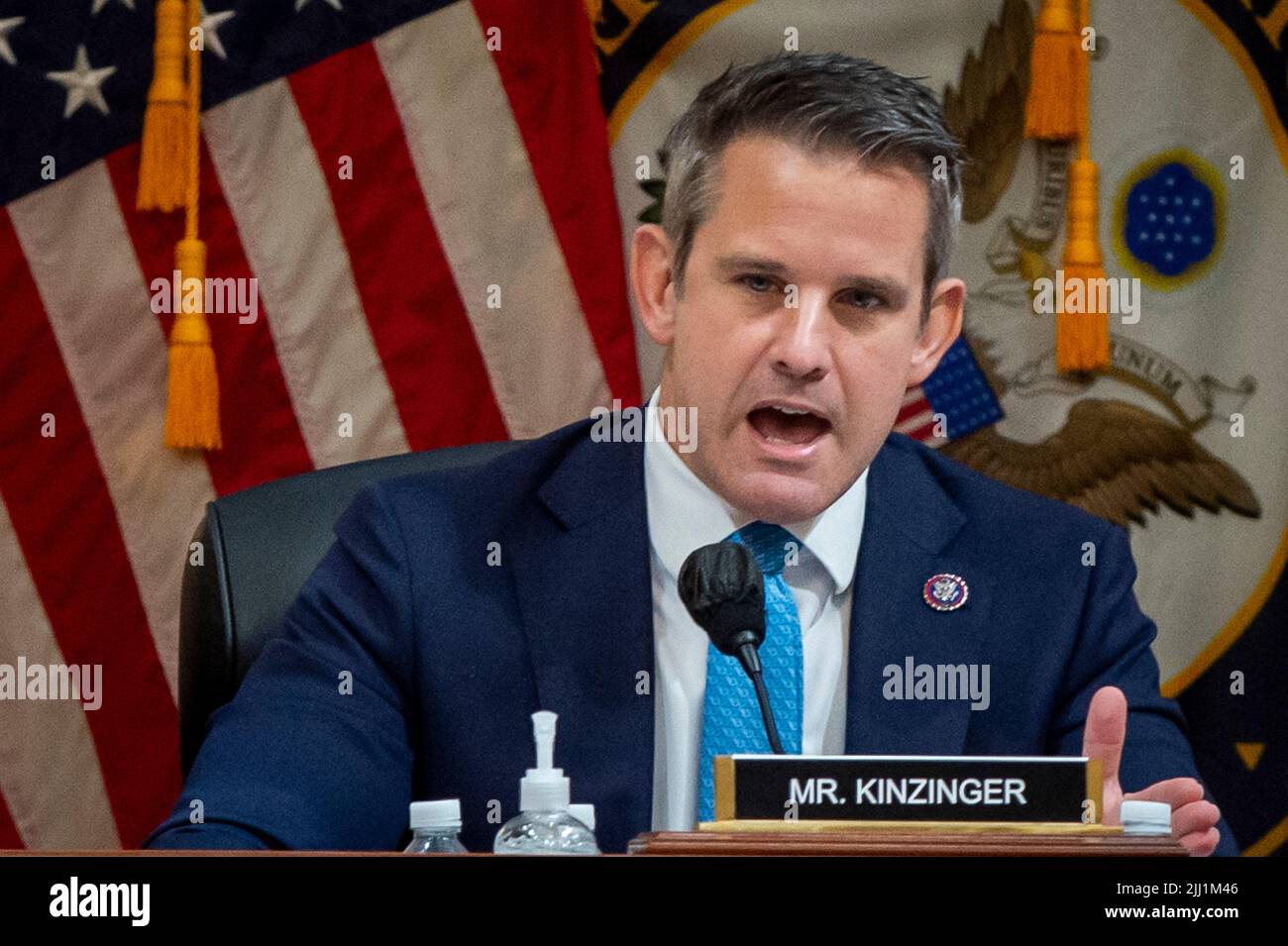 United States Representative Adam Kinzinger (Republican of Illinois) questions the panel on day eight of the United States House Select Committee to Investigate the January 6th Attack on the US Capitol hearing on Capitol Hill in Washington, DC on July 21, 2022. Credit: Rod Lamkey / CNP/Sipa USA Stock Photo