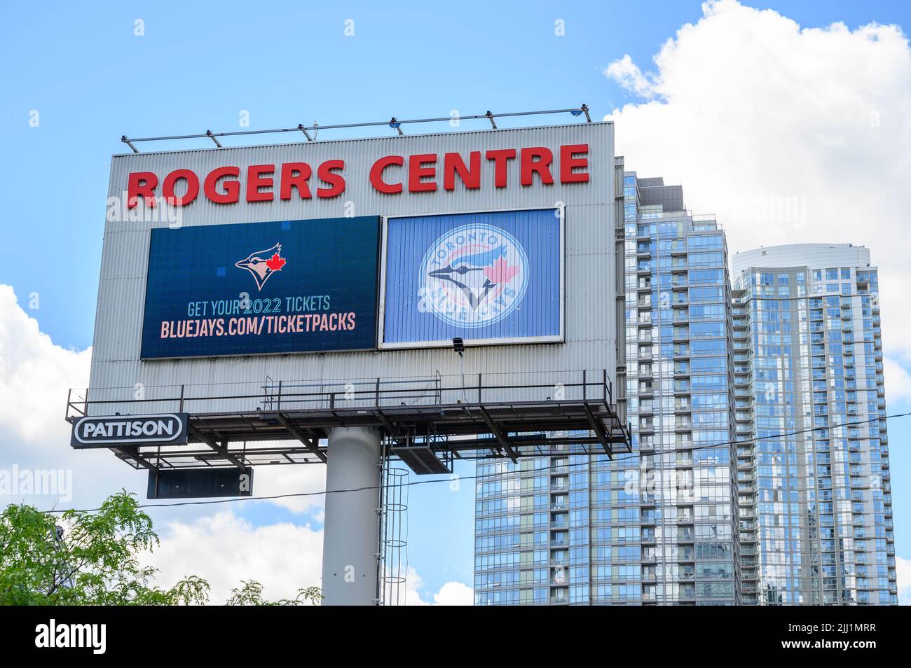 Billboard with digital display promoting Blue Jays 2022 tickets and ticketpacks at Rogers Centre, Toronto, Ontario, Canada. Stock Photo