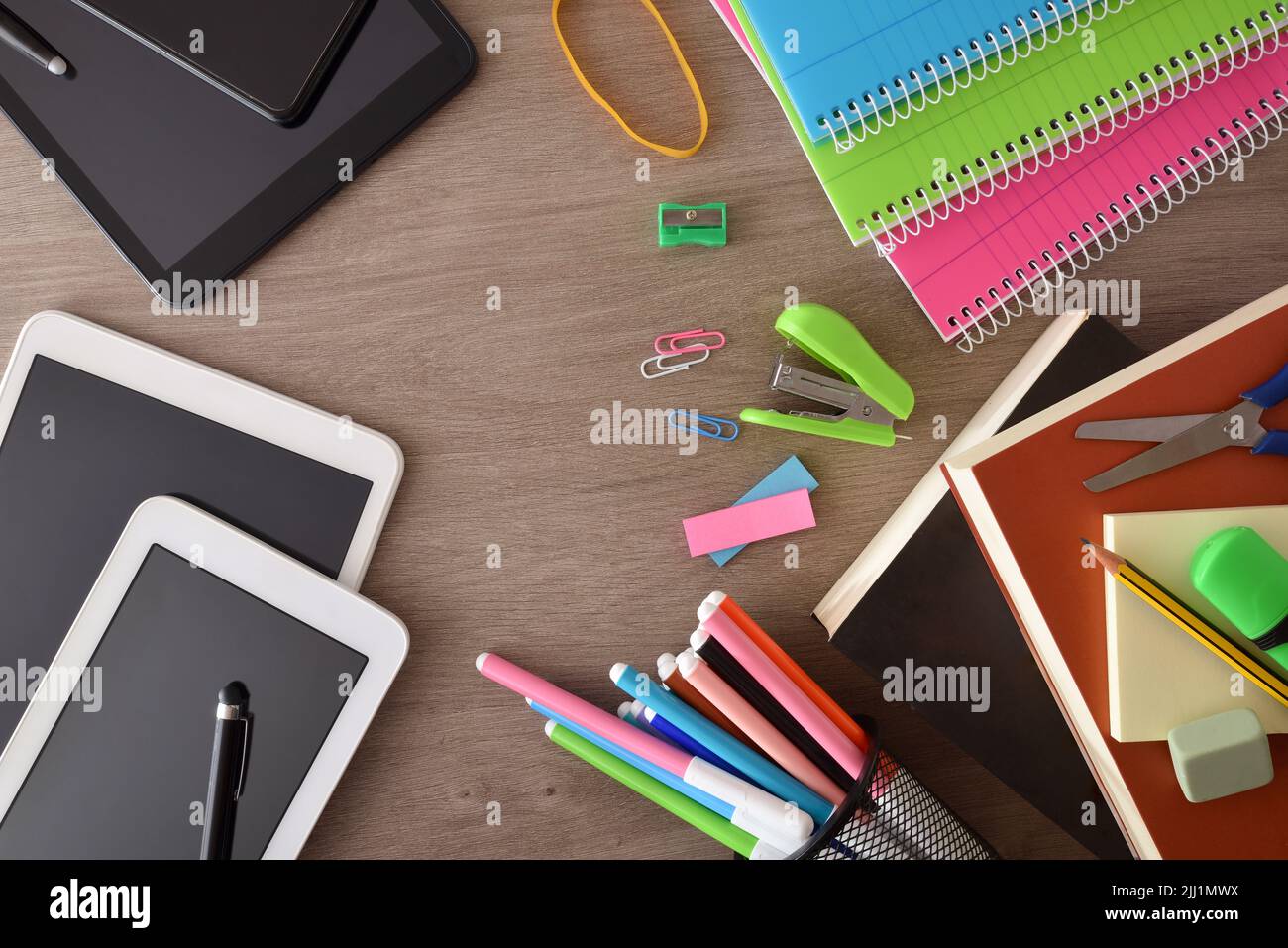 Educational learning comparison between school books and notebooks with