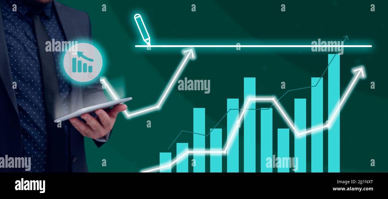 Businessman Wearing Suit Holding Tablet By Digital Bar Graph And Arrow ...