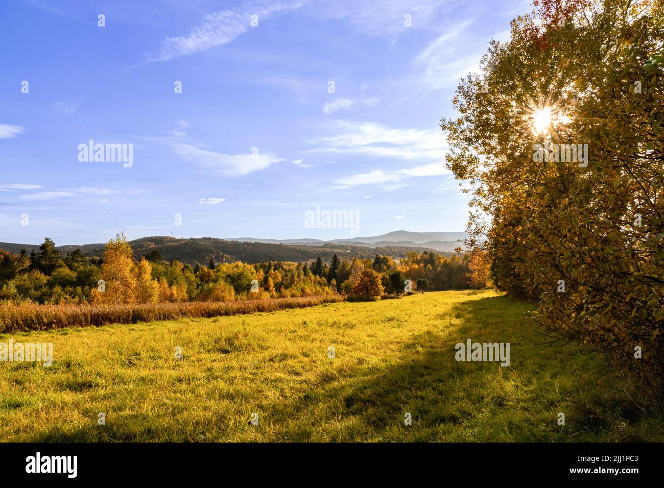 Autumn landscape with shining sun Stock Photo