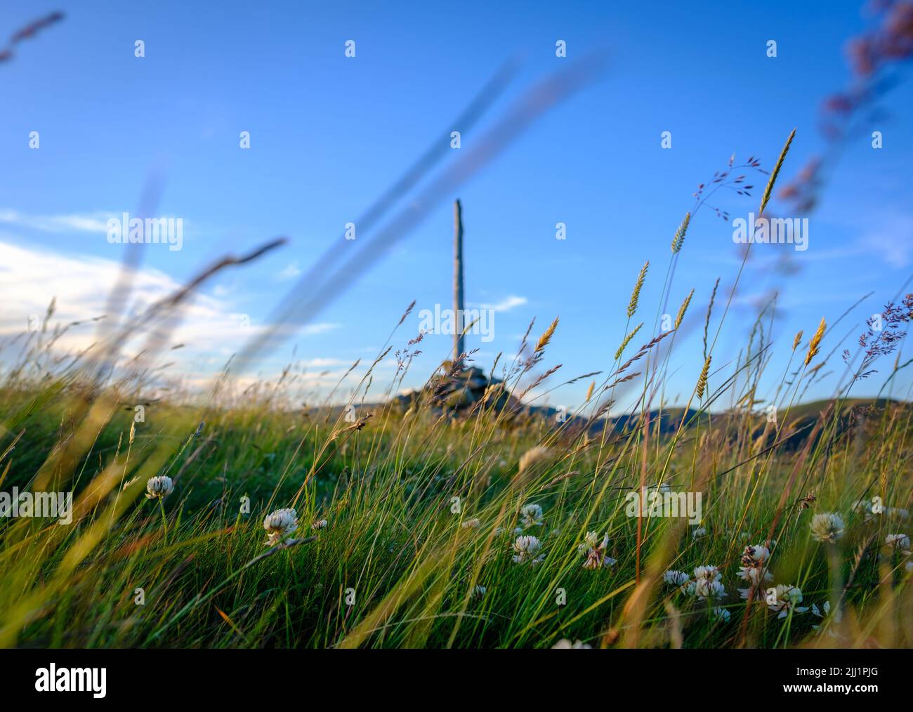 Rural Image Of A Hilltop Cairn In Scotland With The Focus On Grasses In The Foreground Stock Photo