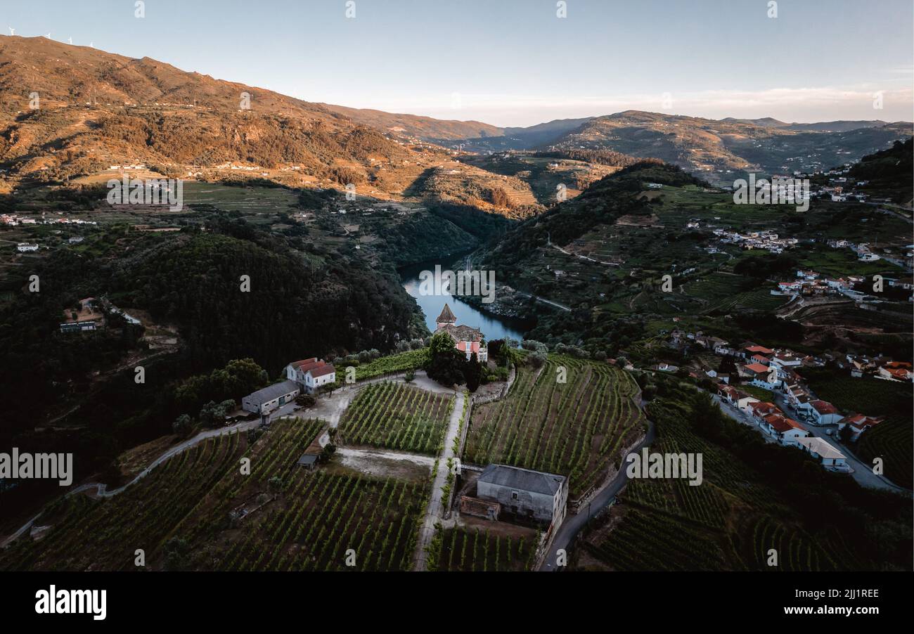 Drone photo overlooking an old Portugese villa perched on top of the Douro river valley. Quinta da Vista Alegre Stock Photo