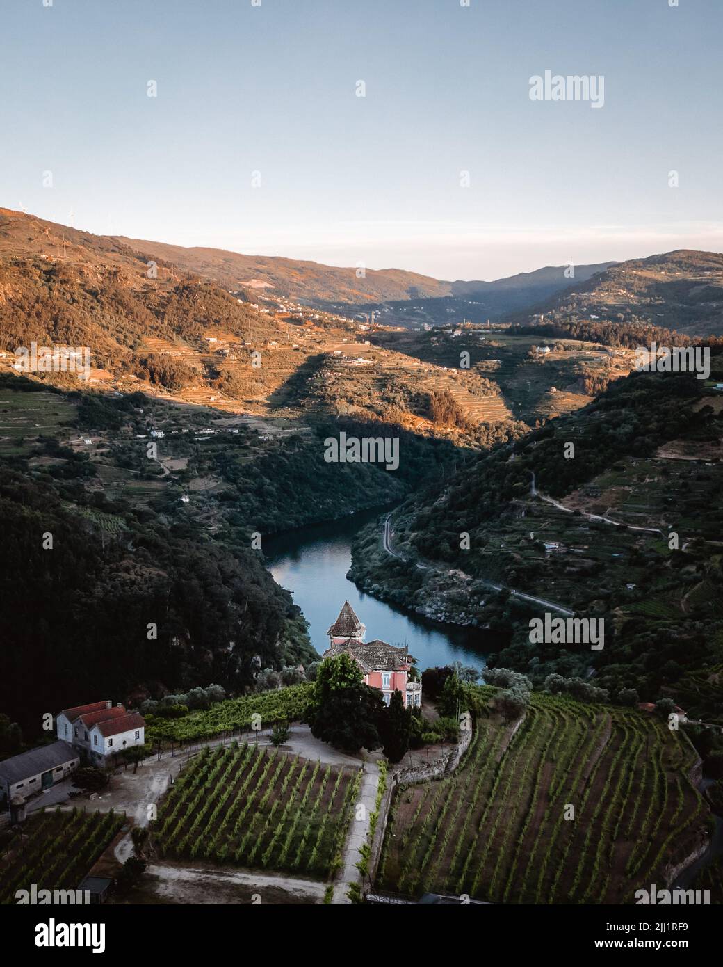 Drone photo overlooking an old Portugese villa perched on top of the Douro river valley. Quinta da Vista Alegre Stock Photo