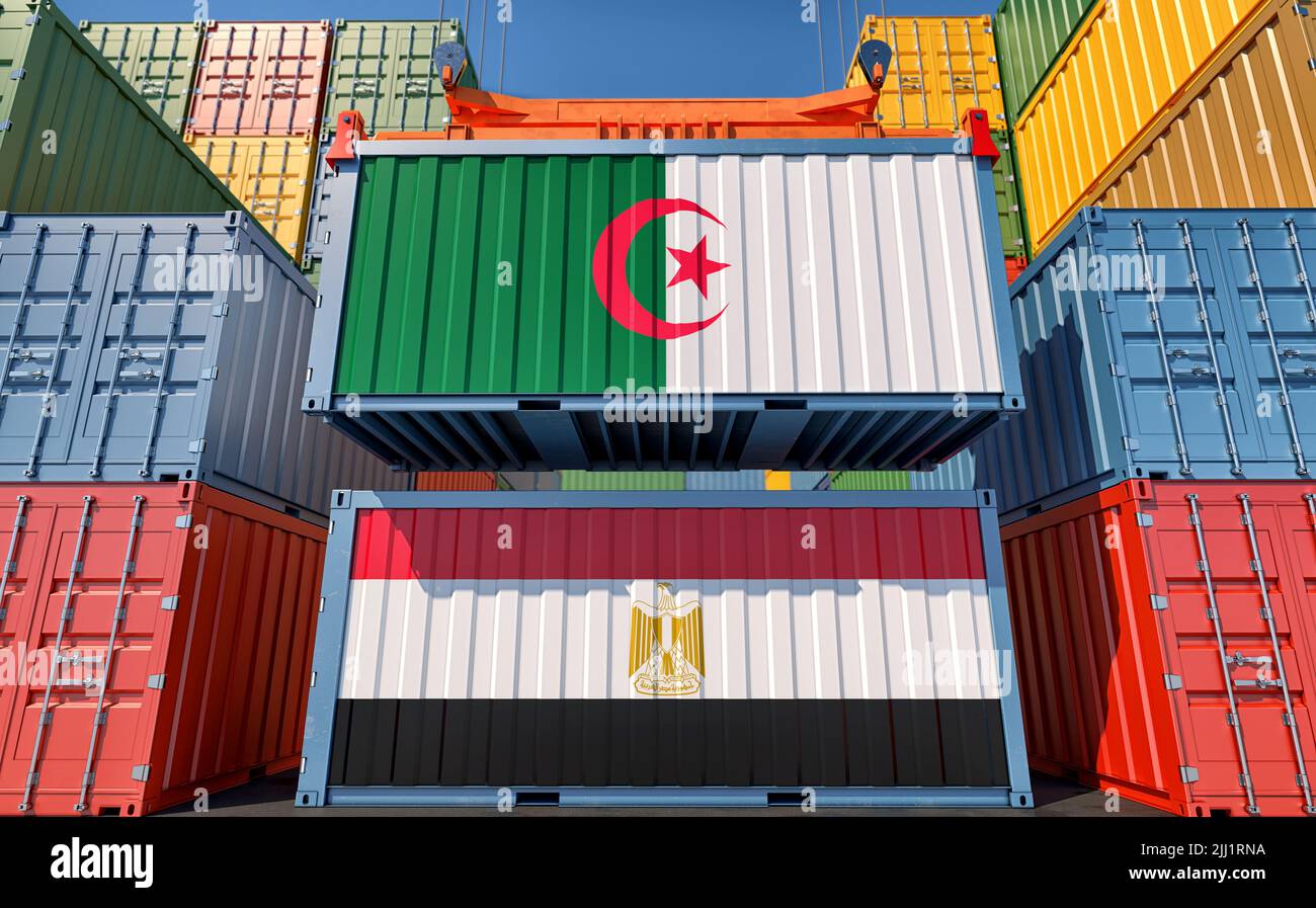 Cargo containers with Egypt and Algeria national flags. 3D Rendering Stock Photo