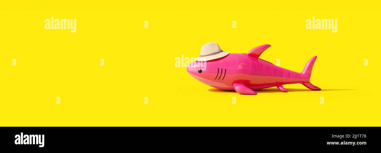 Inflatable pink shark with hat. Summer travel concept on yellow background 3D render 3D illustration Stock Photo