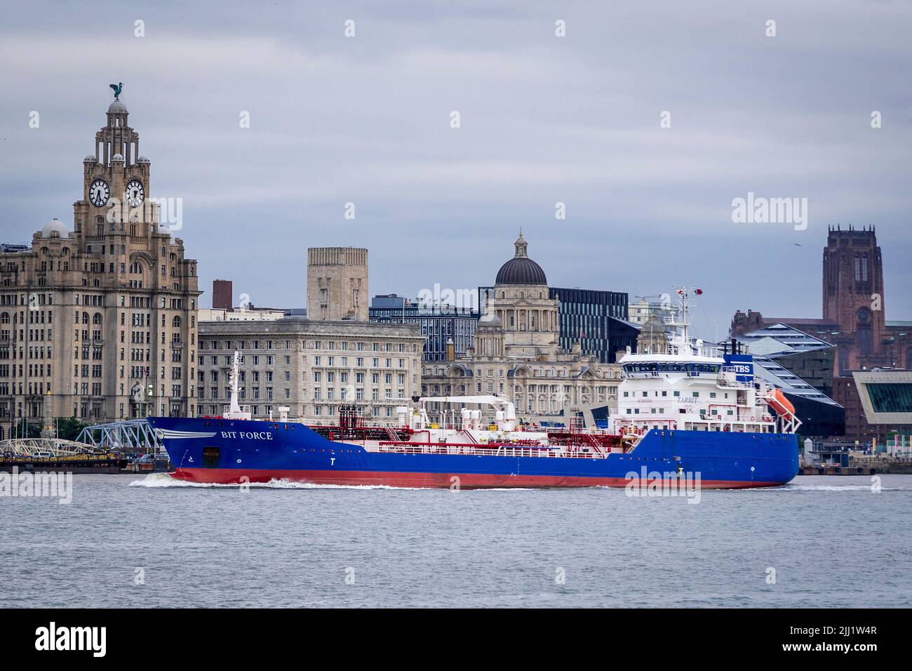 Bit Force a Bitumen Tanker built in 2003 currently sailing under the flag of Netherlands passing the famouse Liverpool waterfront. Stock Photo