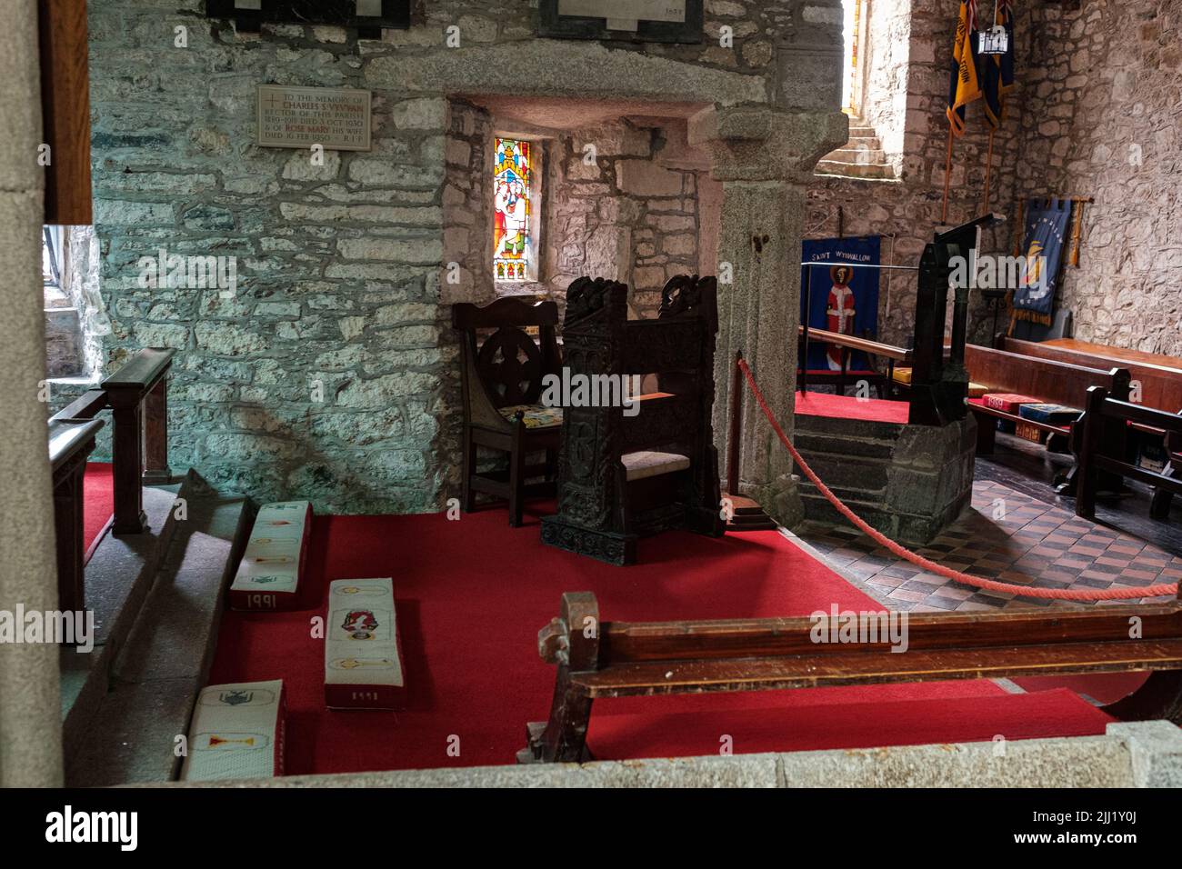 Interior of St Wynwallow's Church (St Winwalaus). The church, England's most southerly, dates from the 12th Century and is Grade 1 listed. Stock Photo