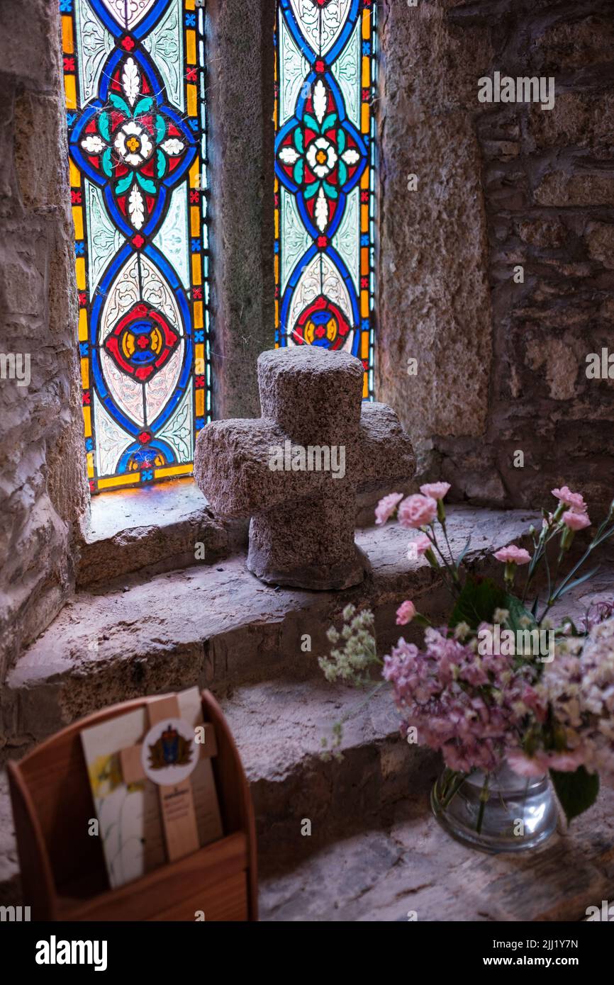 Interior of St Wynwallow's Church (St Winwalaus). The church, England's most southerly, dates from the 12th Century and is Grade 1 listed. Stock Photo