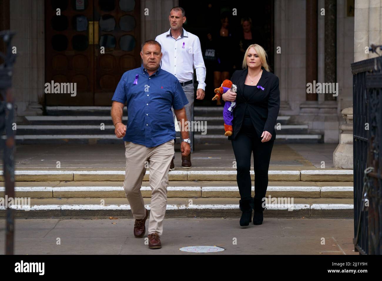 The parents of Archie Battersbee, Paul Battersbee and Hollie Dance, leave the Royal Courts Of Justice in London, they want Court of Appeal judges to overturn a ruling by High Court judge Mr Justice Hayden, who decided that life-support treatment for their 12-year-old son who suffered a 'devastating' brain injury could stop. Picture date: Friday July 22, 2022. Stock Photo