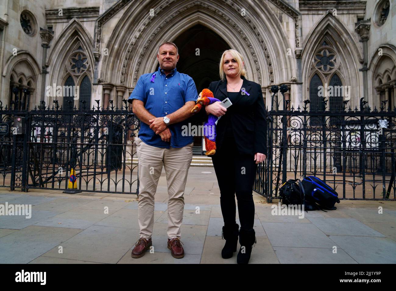 The parents of Archie Battersbee, Paul Battersbee and Hollie Dance, leave the Royal Courts Of Justice in London, they want Court of Appeal judges to overturn a ruling by High Court judge Mr Justice Hayden, who decided that life-support treatment for their 12-year-old son who suffered a 'devastating' brain injury could stop. Picture date: Friday July 22, 2022. Stock Photo