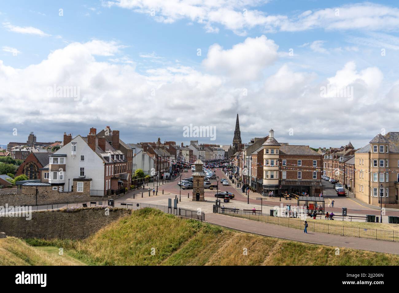 A view of Front Street, Tynemouth Village, North Tyneside, UK, with