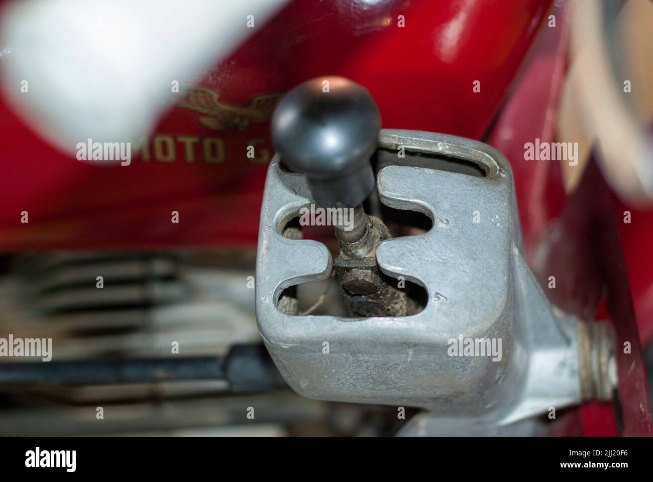 gear shifter on old metal motorcycle horizontal with copy space Stock Photo