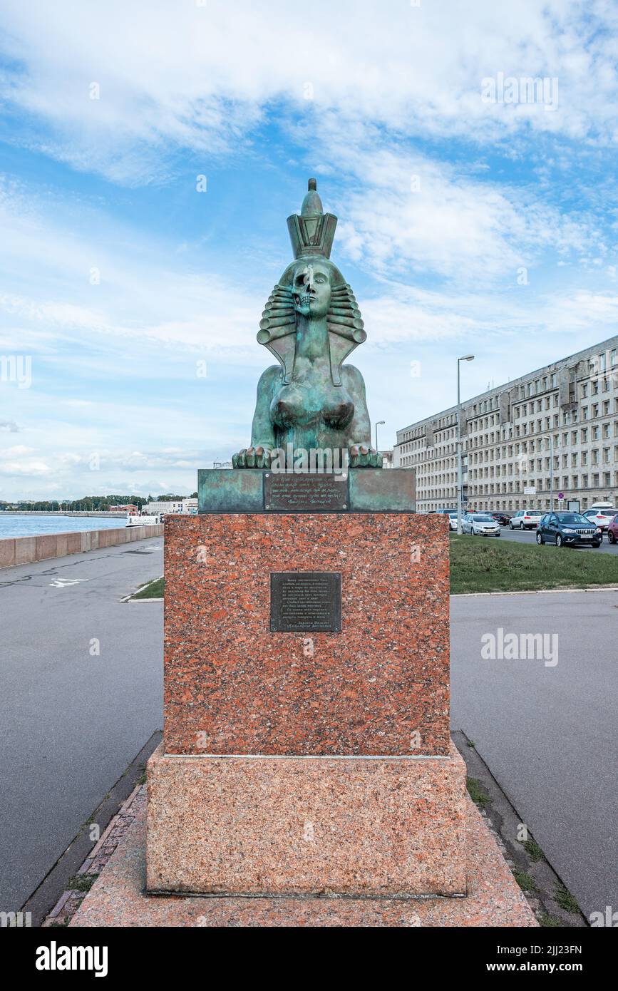 St. Petersburg, Russia - August 16, 2021: The sphinx monument to victims of political repressions by Mihail Chemiakin on the bank of the Neva River Stock Photo