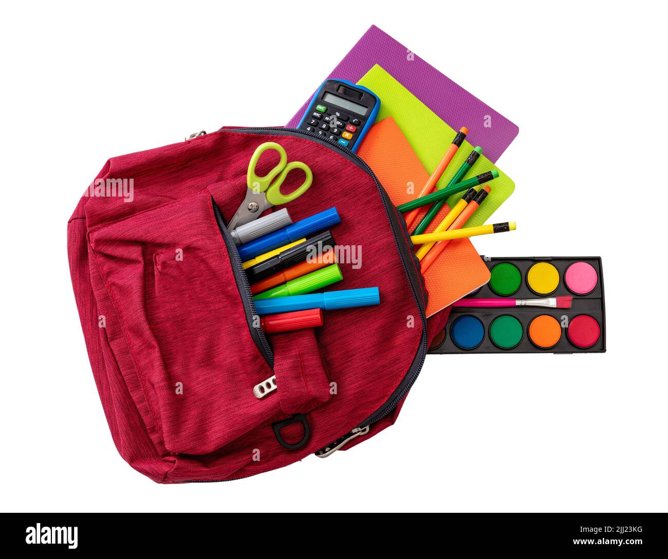 Back to school. School supplies and a red student backpack isolated on white color background