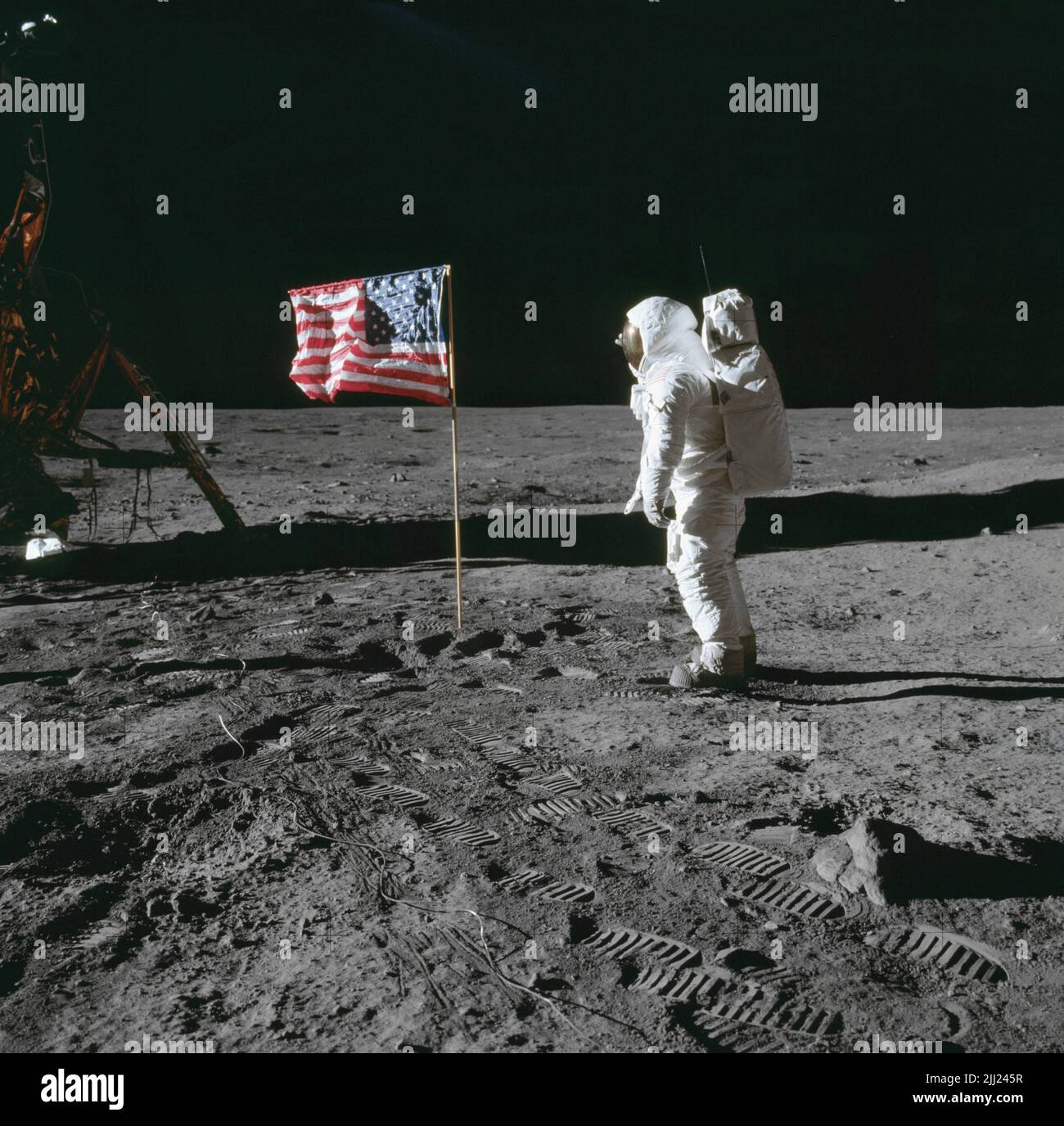 Flag Day is celebrated on June 14 each year and commemorates the adoption of the flag of the United States on June 14, 1777, by the Second Continental Congress.  NASA flies the U.S. flag on its missions throughout our solar system.  In this iconic image from the Apollo 11 lunar landing, Commander Neil Armstrong snapped this picture of Buzz Aldrin saluting the flag at Tranquility Base.  Learn More Gallery: The American Flag in U.S. Missions Flying High: The Stars and Stripes in Space  Image Credit: NASA Last Updated: Jun 14, 2022 Editor: Yvette Smith Stock Photo