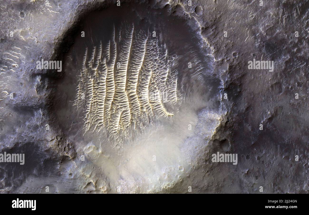 A Greenwich Observatory on Mars NASA ID: PIA25090 The crater in the center of this HiRISE image defines where zero longitude is on Mars, like the Greenwich Observatory does for the Earth. Originally, the larger crater that this crater sits within, called Airy Crater, defined zero longitude for the Red Planet. But as higher resolution images became available, a smaller feature was needed. This crater, called Airy-0 (zero), was selected because it would require no adjustment of existing maps. These days, longitude on Mars is measured even more precisely using radio tracking of landers such as In Stock Photo