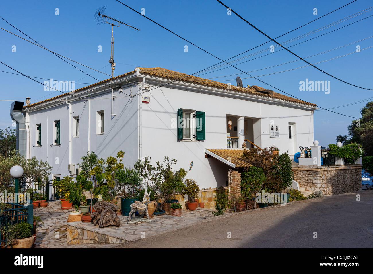 White house of the Durell family on the island of Corfu, Greece Stock Photo