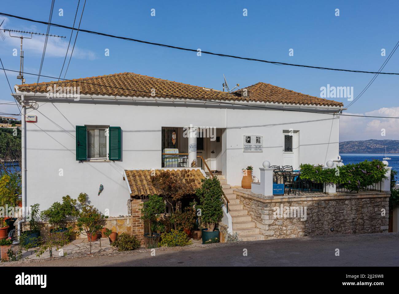 White house of the Durell family on the island of Corfu, Greece Stock Photo