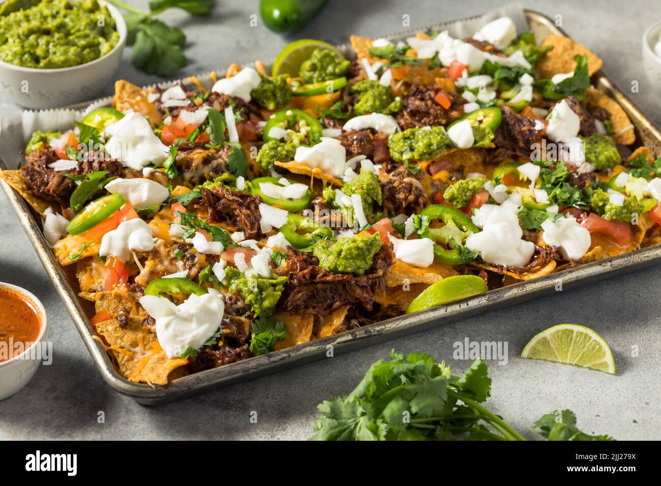 Homemade Mexican Shredded Beef Nachos with Gaucamole and Sour Cream
